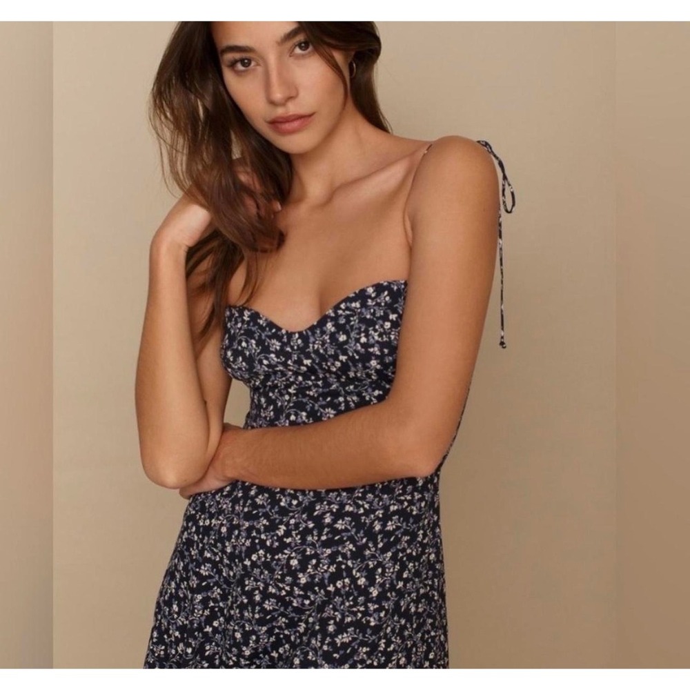 Reformation Saskia Dress Floral Midnight Blue Navy Bustier Mini Sz 2 EUC Boho - Picture 2 of 14